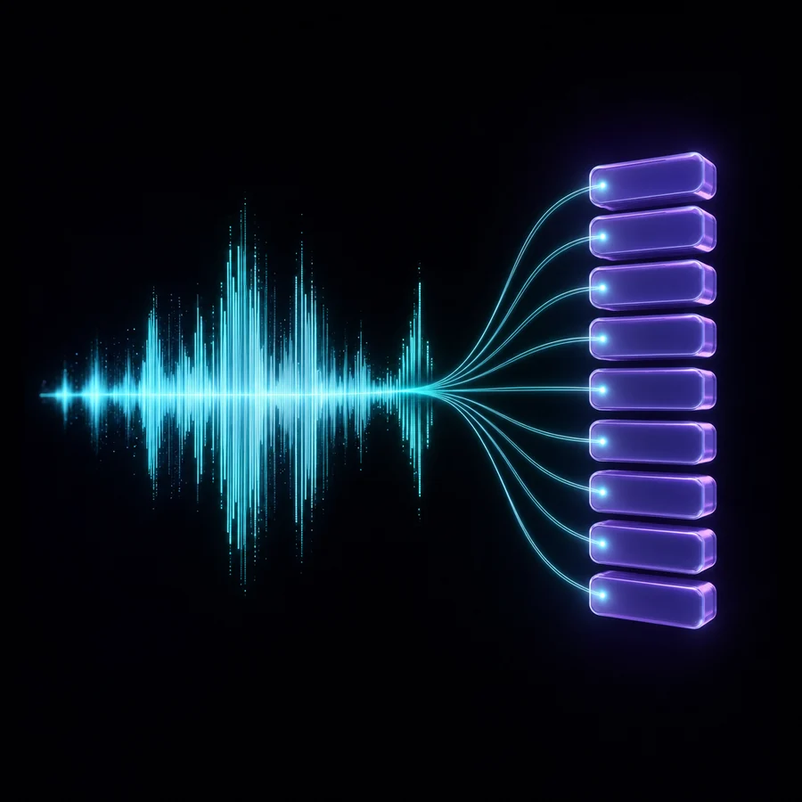 An audio waveform turning into word-timed subtitle blocks